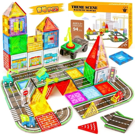 Freecat Magnetic Tiles, 94PCS Large Size(75MM) , Kids Magnetic Building Blocks Set with Engineering Toy Truck, STEM Education Learning Toys Ages 3 4 5 6 Years, Toddlers Birthday Gifts.