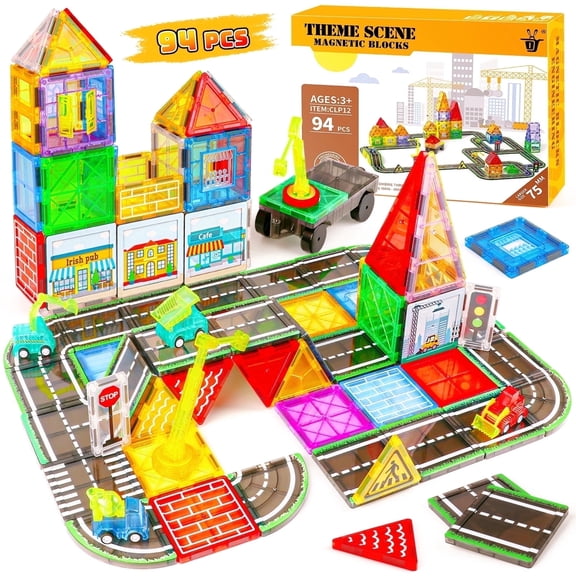 Freecat Magnetic Tiles 94PCS Large Size 75MM, Magnetic Building Blocks with Engineering Truck & Road Blocks, STEM Educational Toys for Kids Ages 3-6, Birthday Gifts for Boys Girls Toddlers.