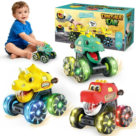 Freecat 3 PCS Dinosaur Pull Back Cars, Toys for Boys Ages 3-6, LED Light Up Wheels Press & Go Dinosaur Toys, Toddler Boy Gifts Christmas Birthday Gift.