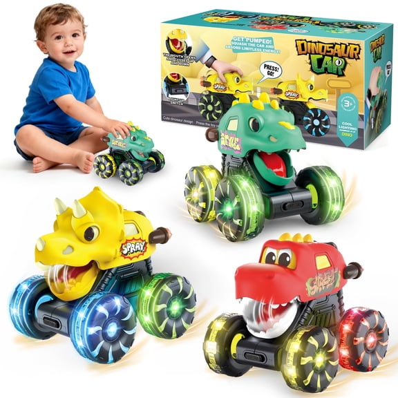 Freecat 3PCS Dinosaur Pull Back Cars, Toys for Boys Ages 3-6, LED Light Up Wheels Press & Go Dinosaur Toys, Toddler Boy Gifts Christmas Birthday Gift.