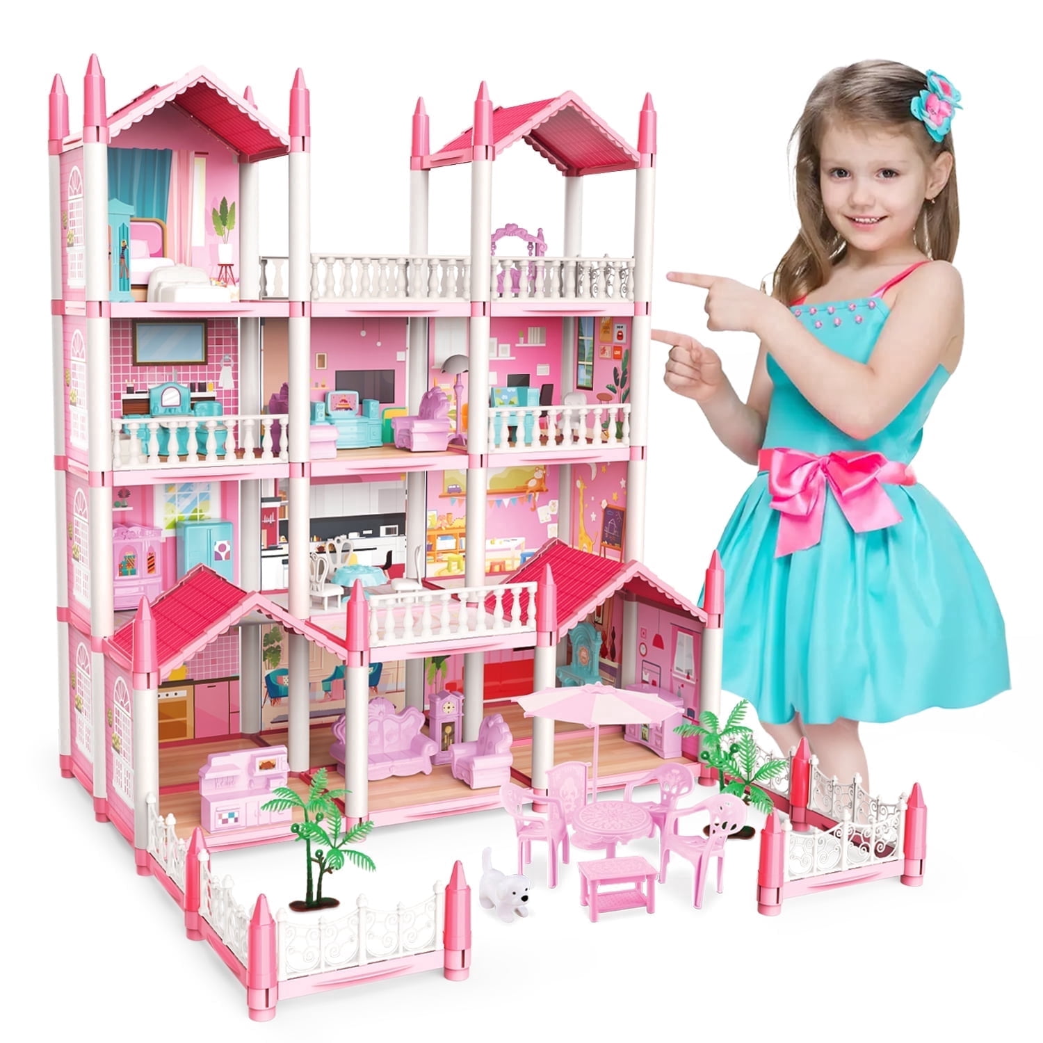 Freecat Doll House Kit Girls Toy, 11 Rooms DIY Pretend Play Dollhouse Playset Toys with Accessories and Furniture, Princess House, Birthday Gifts for 6-12 Year Old Girls (Pink)