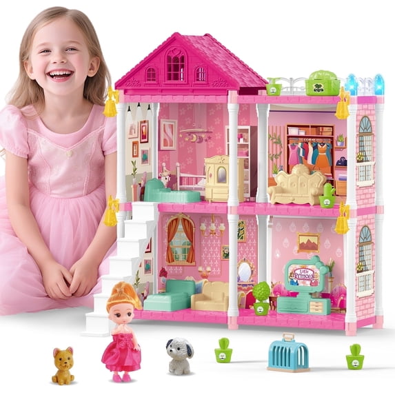 Freecat Dollhouse Kit for Girls, 4 Rooms, 98PCS Building Toys for Girls Ages 3-6 Years, Birthday Christmas Pretend Play Gift for Little Girl.