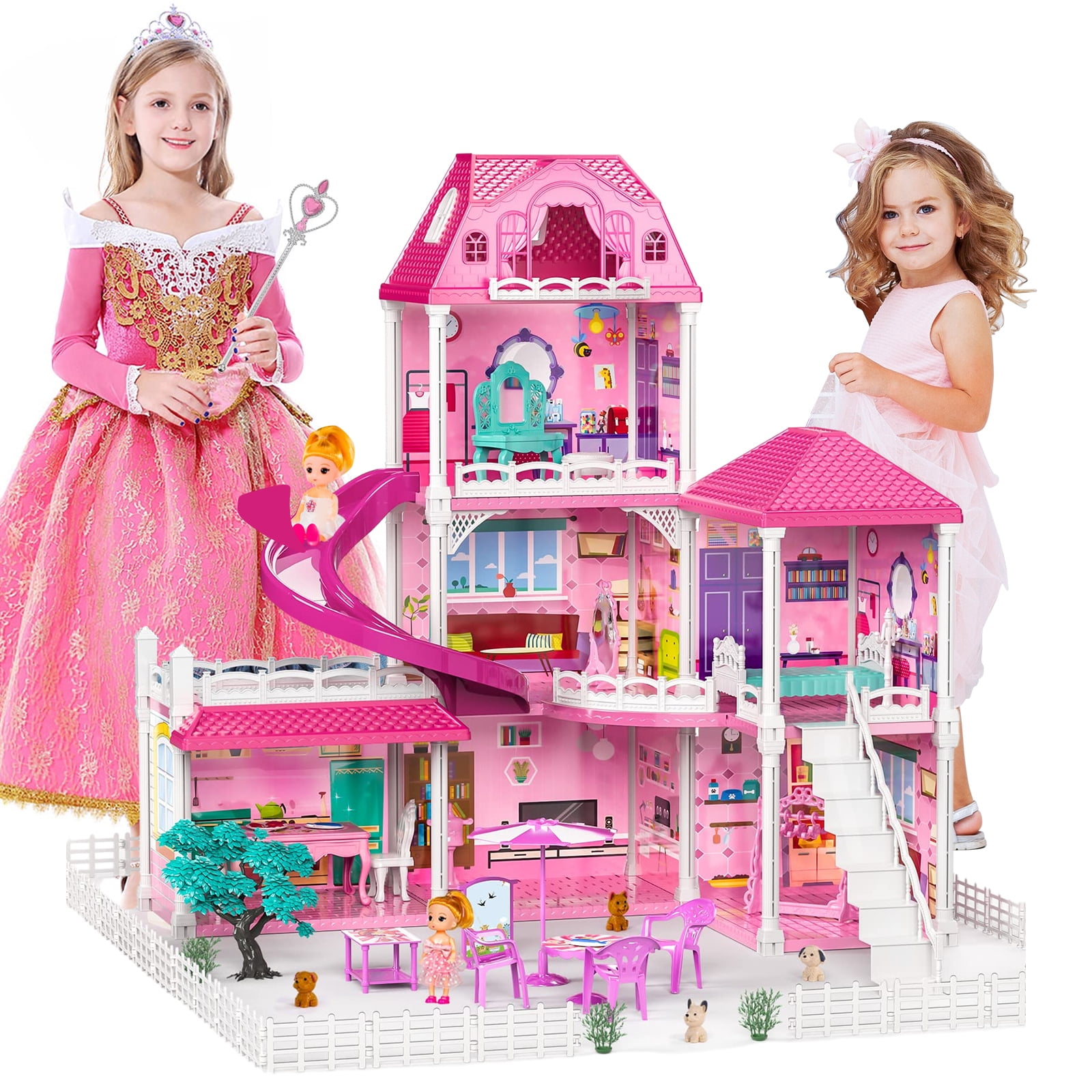 Freecat Dollhouse Toys for Girls, 6 Rooms Doll House Furnitures with