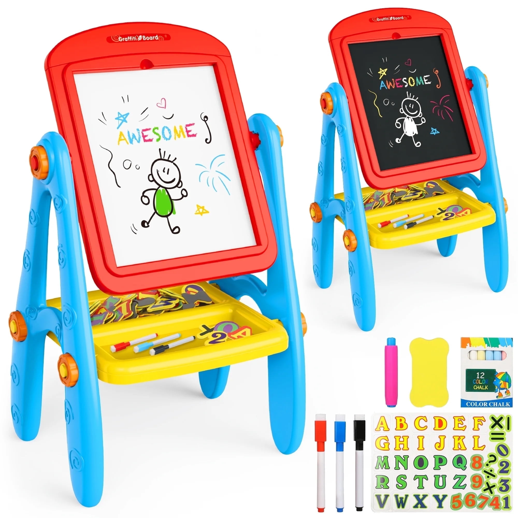 Freecat Easel for Kids, Double Sided Toddlers Art Easel with Magnetic White Board & Chalk Blackboard, Christmas Birthday Gift for Boys and Girls Age 2 3 4 5 6