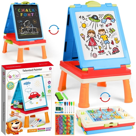 Freecat Easel for Kids, Toddlers' Double Sides Drawing Board with Blackboard & Whiteboard, Carry Case, Blue, Board Game,Birthday Christmas Gift for Kids Girls Boys 3-5 Years Old.(20"11.5"15.2")