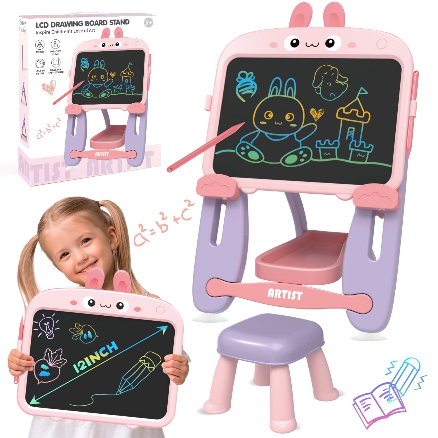 Freecat Easel for Toddlers, Doodle Board for Kids Toddlers 3-5 Years, Sweet Pink Rabbit Drawing Board Birthday Christmas Gifts for Girls 2 3 4 5 Years.