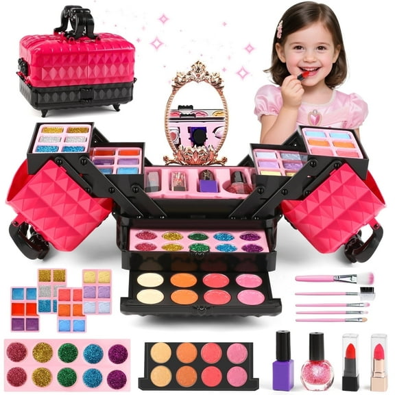 Freecat Girl Makeup Kit, 54pcs Washable Makeup Set Toys for Kids Girls Ages 3-6, Christmas & Birthday Gift for Girls Age 3 4 5 6 7 8, Pretend Play Rose Red Case Toys.