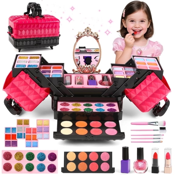 Freecat Girl Makeup Kit, 54pcs Washable Makeup Set Toys for Kids Girls Ages 3-6, Christmas & Birthday Gift for Girls Age 3 4 5 6 7 8, Pretend Play Rose Red Case Toys.