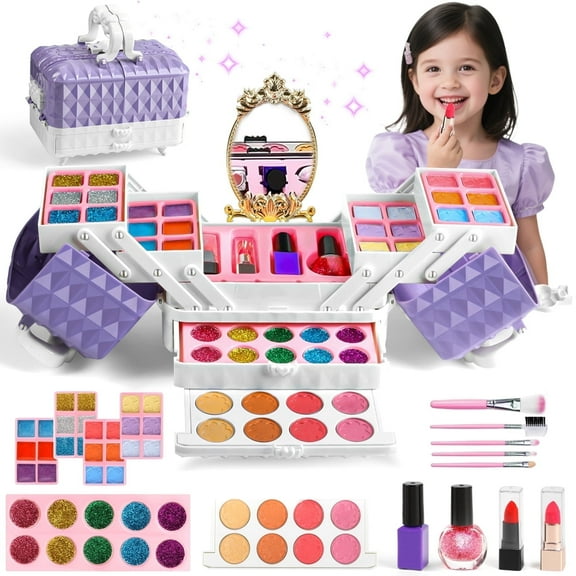Freecat Kids Makeup Set for Girls, 54 PCS Washable Toys for Girl 3-6 Years, Lavender Purple Makeup Case for Little Girls, Christmas Birthday Gifts for Kids 3 4 5 6.