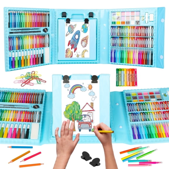 Freecat 208 Pcs Art Set for Kids 4-8-12, Trifold Easel Drawing Kit, Washable Coloring Set, Arts and Crafts Drawing Supplies for Girls Boys, Back to School Art Supplies Kit(Blue).