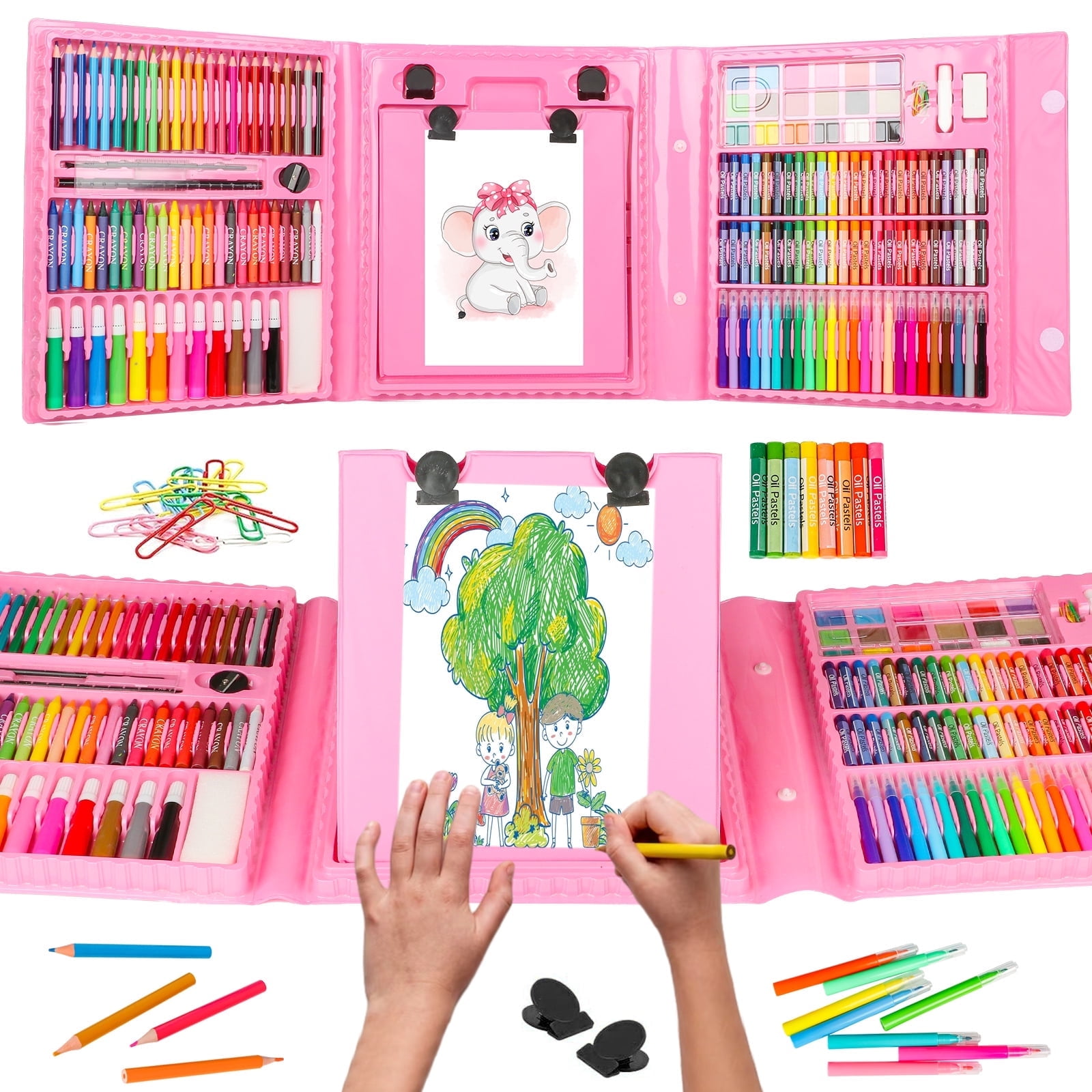 Freecat Kids Art Set, Trifold Easel Drawing Kit, 208 Pcs Color Set, Art Supplies for Kids 4-8, Perfect Coloring Kit, Drawing Kit, Arts & Crafts for School Supplies(Pink)