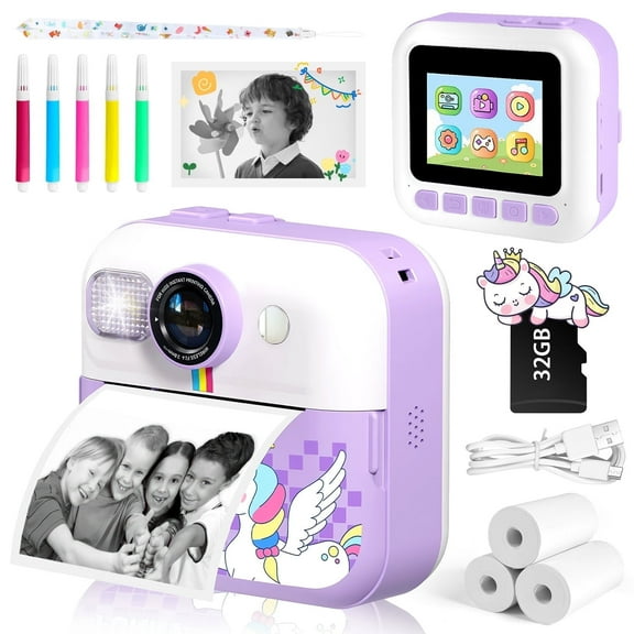 Freecat Kids Cameras Instant Print, Birthday Unicorn Gift for Girls Boys Ages 3-12, 1080P HD Selfie Digital Camera with 32GB SD Card, Portable Camera Toy for 3 4 5 6 7 8+ Year Old Kids. (Purple)