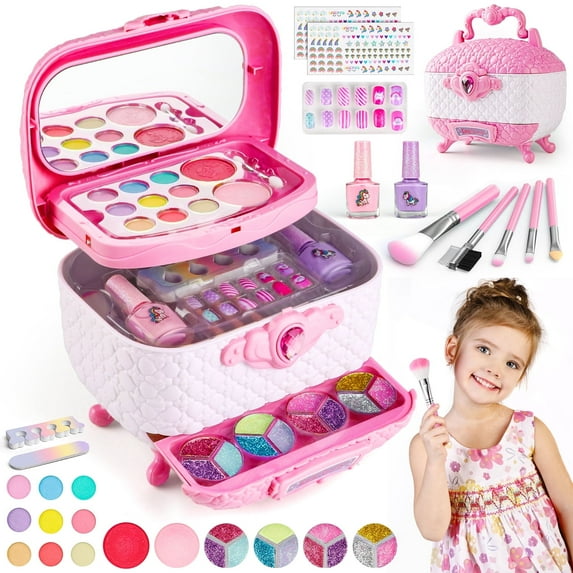Freecat Kids Makeup Kit for Girls, Princess Toy Real Washable Pretend Play Cosmetic Set with Mirror, Non-Toxic & Safe, Christmas Birthday Gifts for 6 7 8 9 10 11 12 Years Old Girls Kids