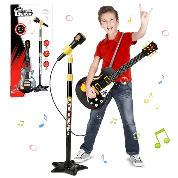 Freecat Toddler Guitar, Cool Black Toy Guitar for Kids Boys Ages 3 4 5 6 Years, with Microphone and Adjustable Stand, Musical Instrument Christmas &Birthday Gift for Boys.