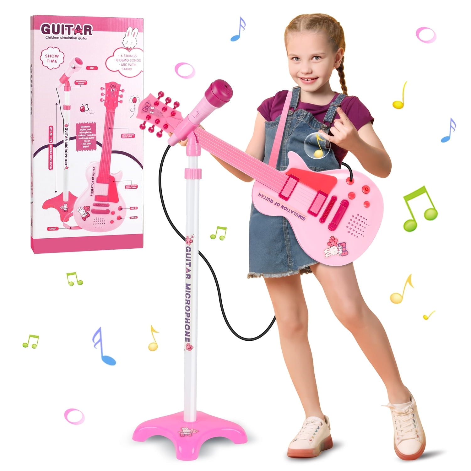 Freecat Toddler Guitar, Pink Toy Guitar for Kids Ages 3 4 5 6 Years, with Microphone and Adjustable Stand, Musical Instrument Christmas &Birthday Gift for Girls.