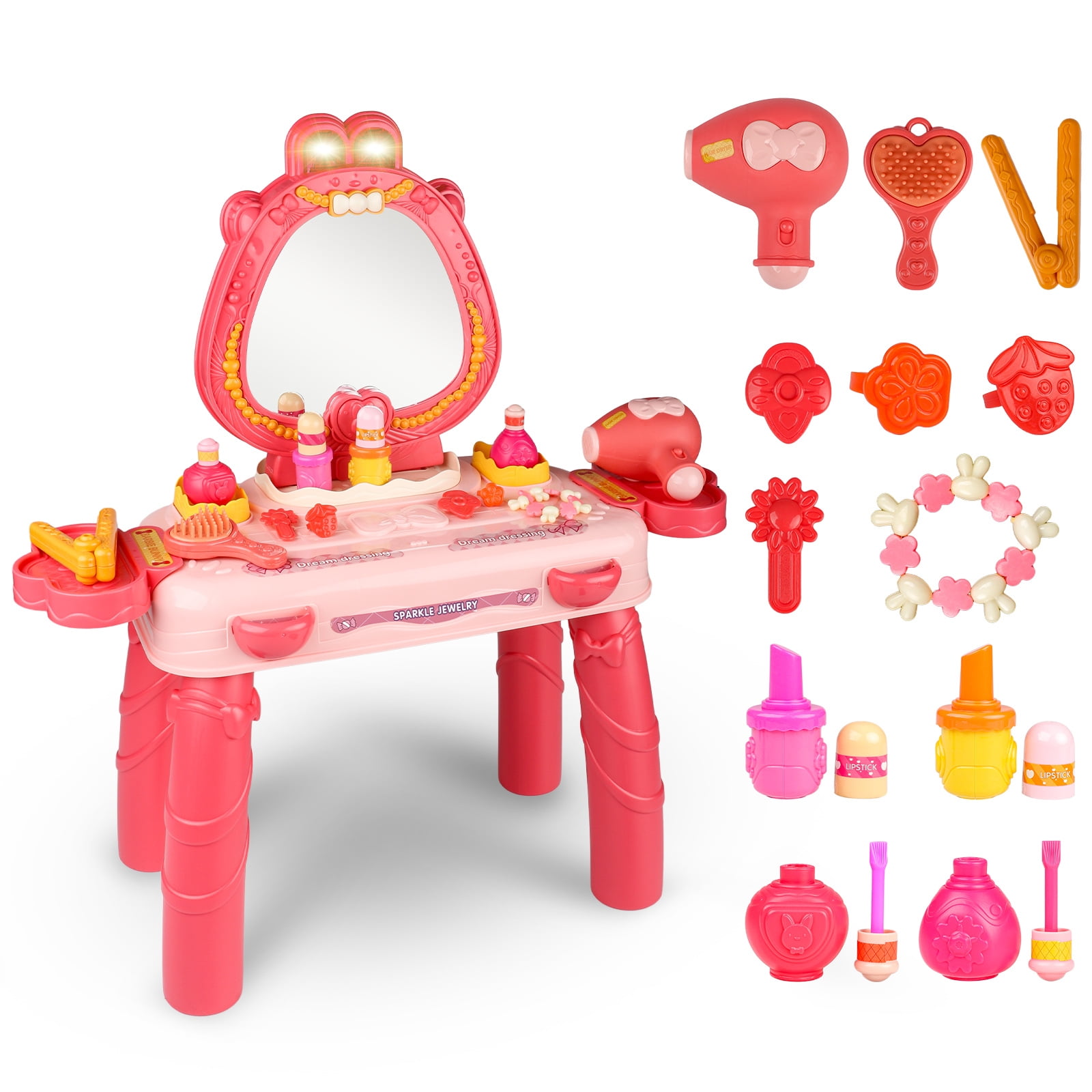 Freecat Pretend Play Girls Vanity Set with Mirror 29 PCS, Pretend Play Toddler Makeup Vanity