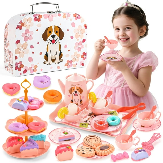 Freecat 42PCS Princess Tea Party Set for Little Girls, Pretend Play Toys for Girl 3-6 Years, Pink Dog Christmas Birthday Gift for Toddler Girls.