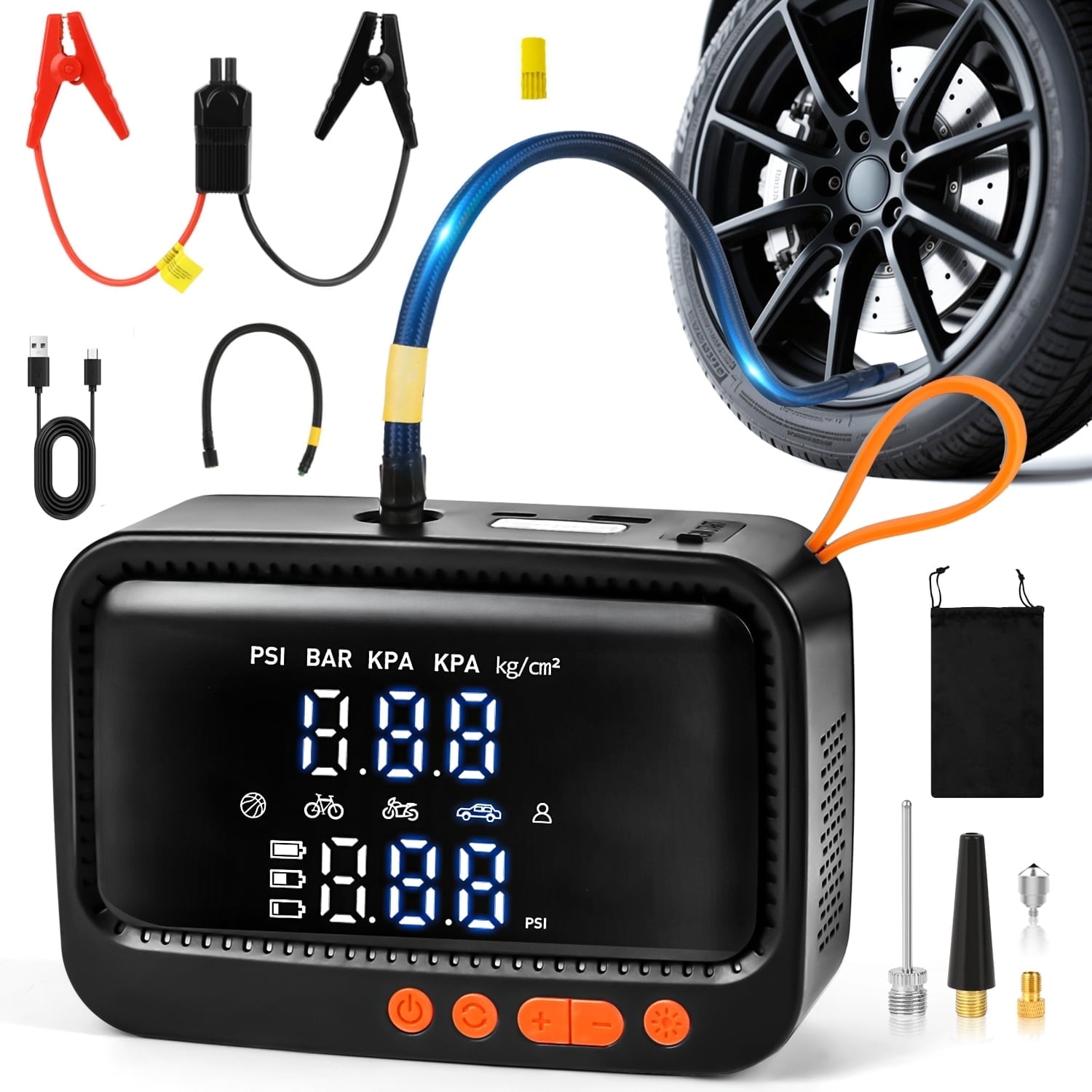 Freecat Tire Inflator Portable Air Compressor, 150PSI Electric Air Tire Pump for Car, Motorcycle, Bike, with LED Light &Jump Starter Cable &Car Accessories.
