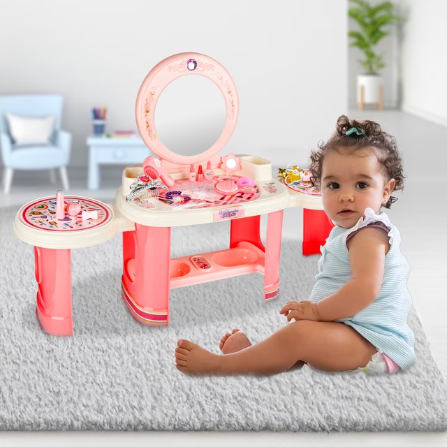 Freecat Toddler Vanity Set,Kids Makeup Table with Mirror and Beauty