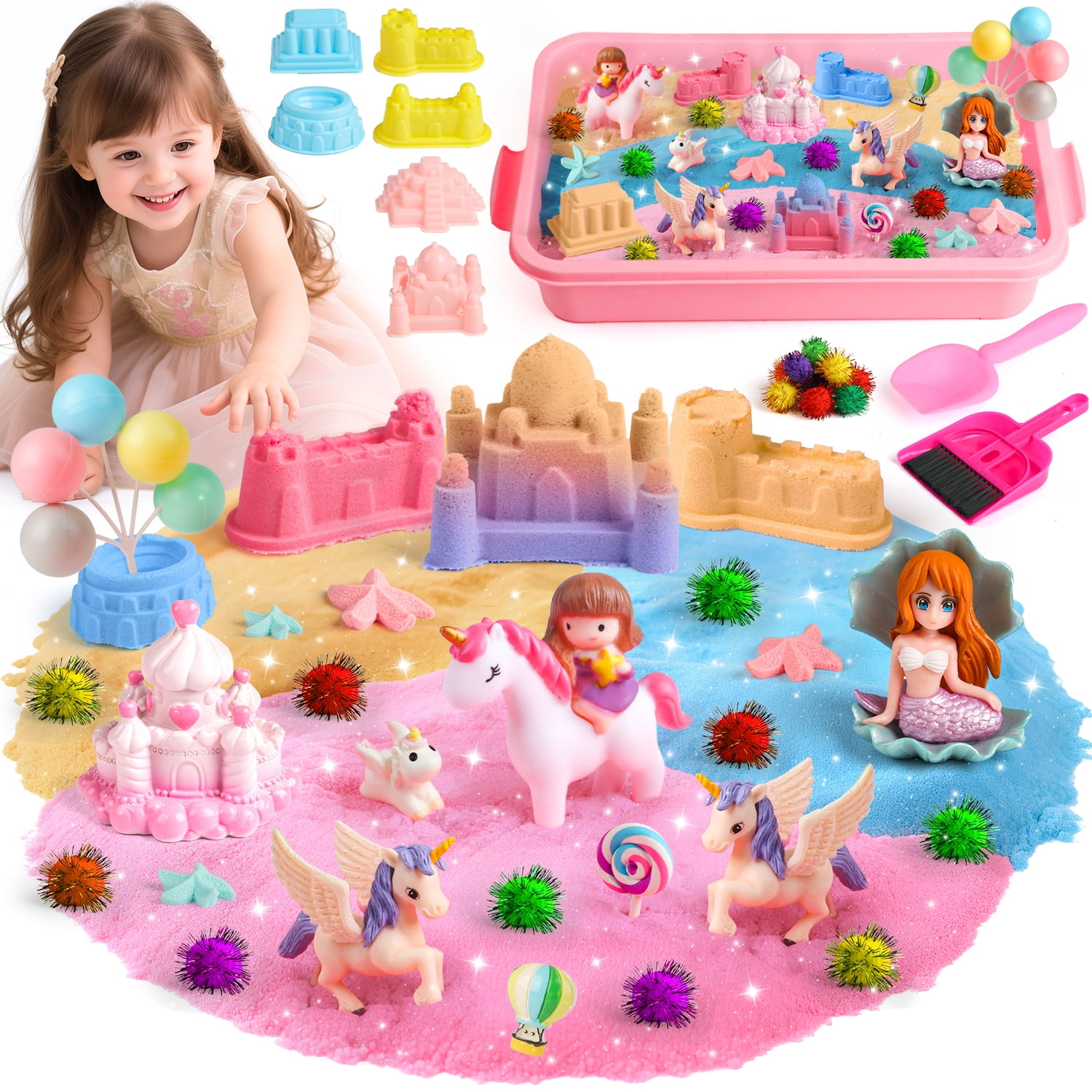 Freecat 3-Color Sensory Bin Toys for Girls, Unicorn Sensory Bins for Toddlers 3-6 with Castle Molds &Sandbox, Christmas Birthday Gift for Toddler Girls.
