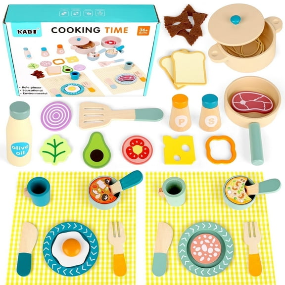 Freecat 36PCS Wooden Kitchen Play Set - Pots, Pans, Play Food & Cooking Accessories, Toys for Girls Ages 3-6, Pretend Play Toys Christmas Birthday Gift for Kids Girls Boys.
