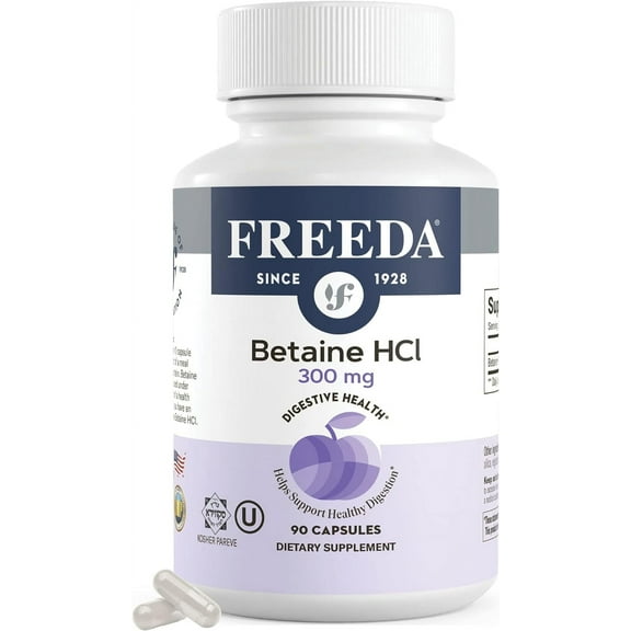 Freeda Betaine HCl Digestive Support Supplement – Vegan Formula Without Pepsin | Promotes Stomach Acid & Protein Digestion | Kosher, Gluten Free | 90 Capsules