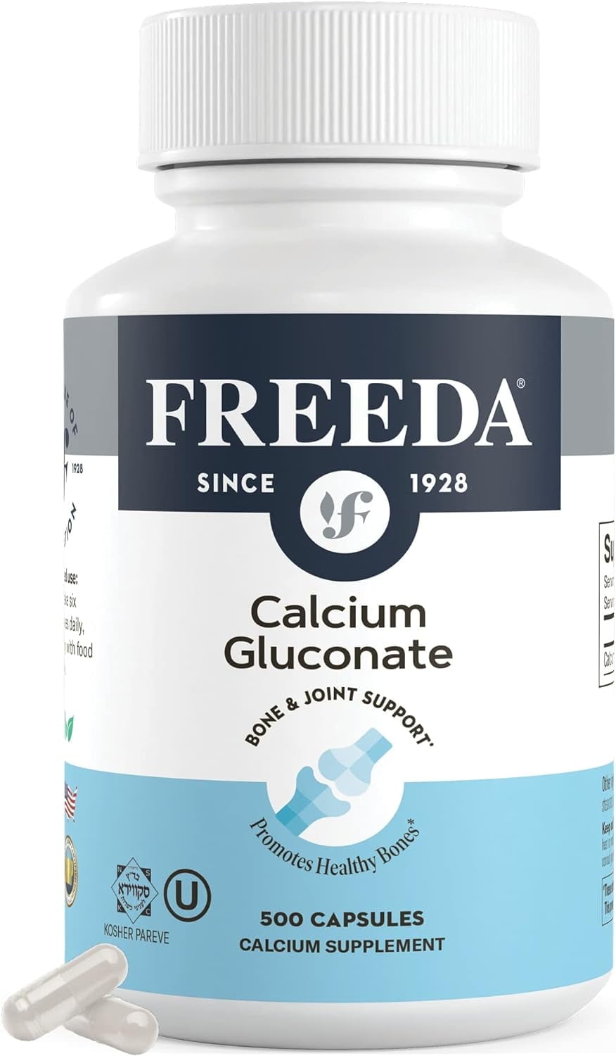 Freeda Calcium Gluconate - Kosher Vegan Calcium Supplement for Women &amp; Men - Easy to Digest - Bone Health Supplement &amp; Joint Support - Pure Calcium Supplement Without Vitamin D 500 Capsules