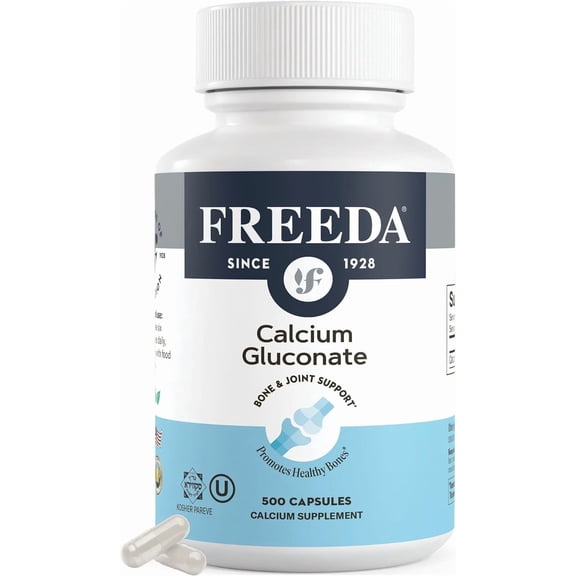 Freeda Calcium Gluconate - Kosher Vegan Calcium Supplement for Women & Men - Easy to Digest - Bone Health Supplement & Joint Support - Pure Calcium Supplement Without Vitamin D (500 Capsules)