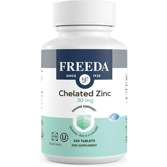 Freeda Chelated Zinc Supplement Tablets 30mg for Immune, Skin, and Eye Health, 250 Count
