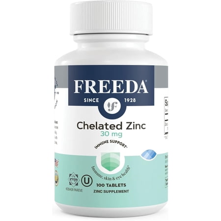 Freeda Chelated Zinc Supplement Tablets 30mg for Immune, Skin, and Eye Health, 100 Count