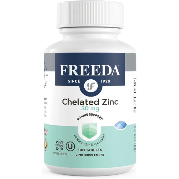 Freeda Chelated Zinc Supplement Tablets 30mg for Immune, Skin, and Eye Health, 100 Count