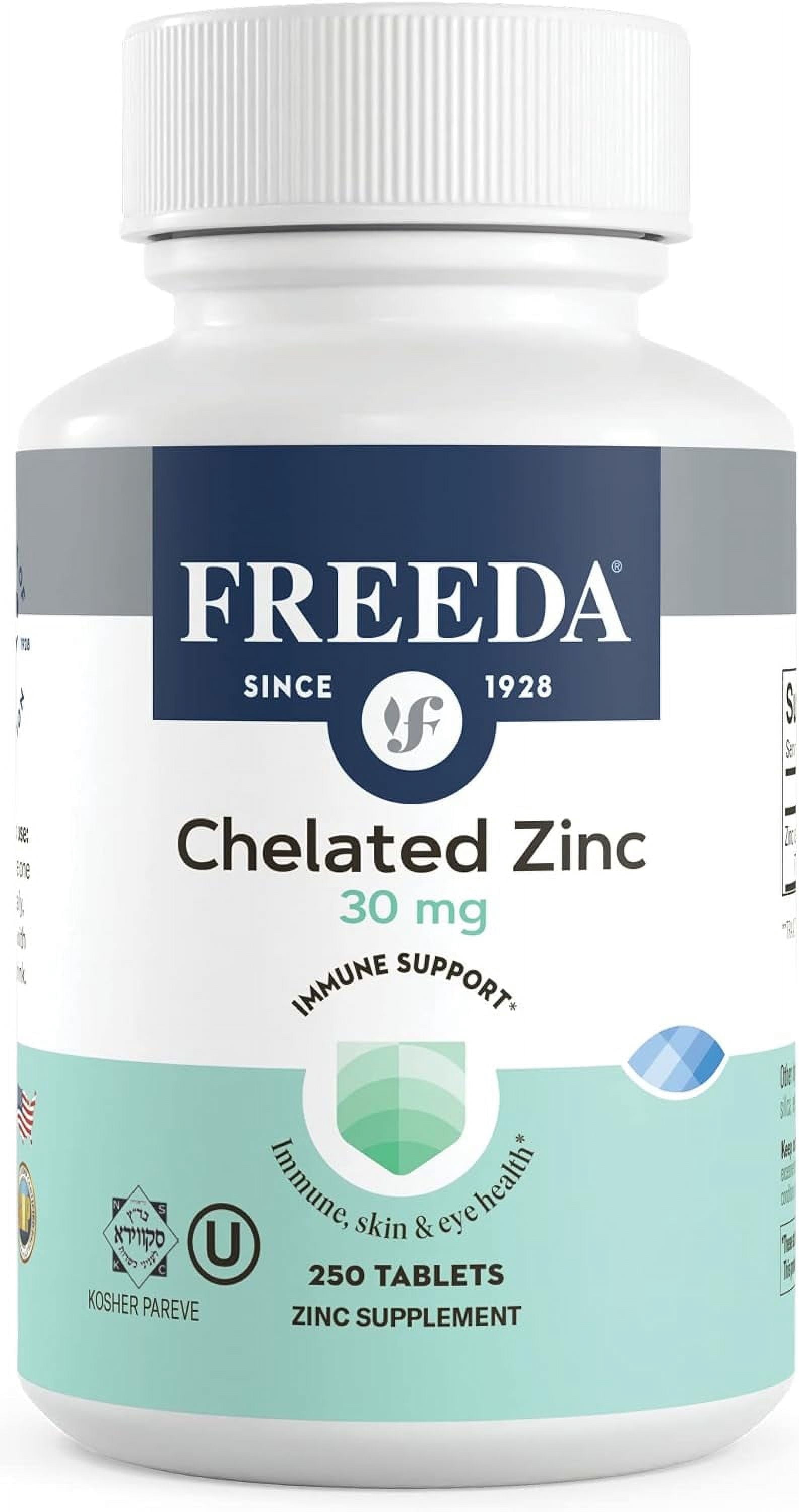Freeda Chelated Zinc Supplement Tablets 30mg for Immune, Skin, and Eye Health, 250 Count