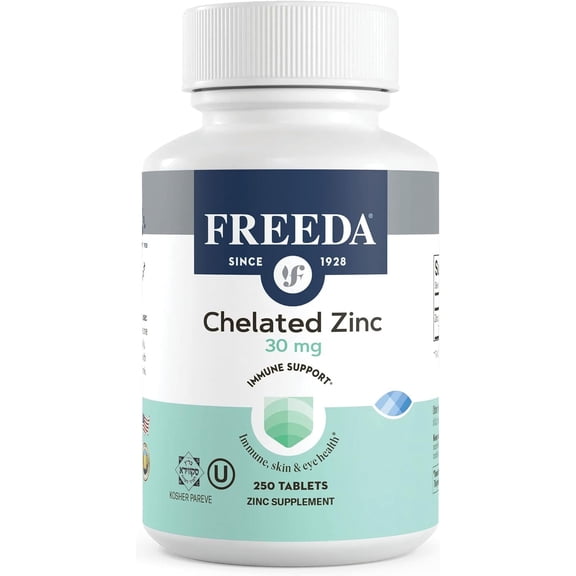 Freeda Chelated Zinc Supplement Tablets 30mg for Immune, Skin, and Eye Health, 250 Count