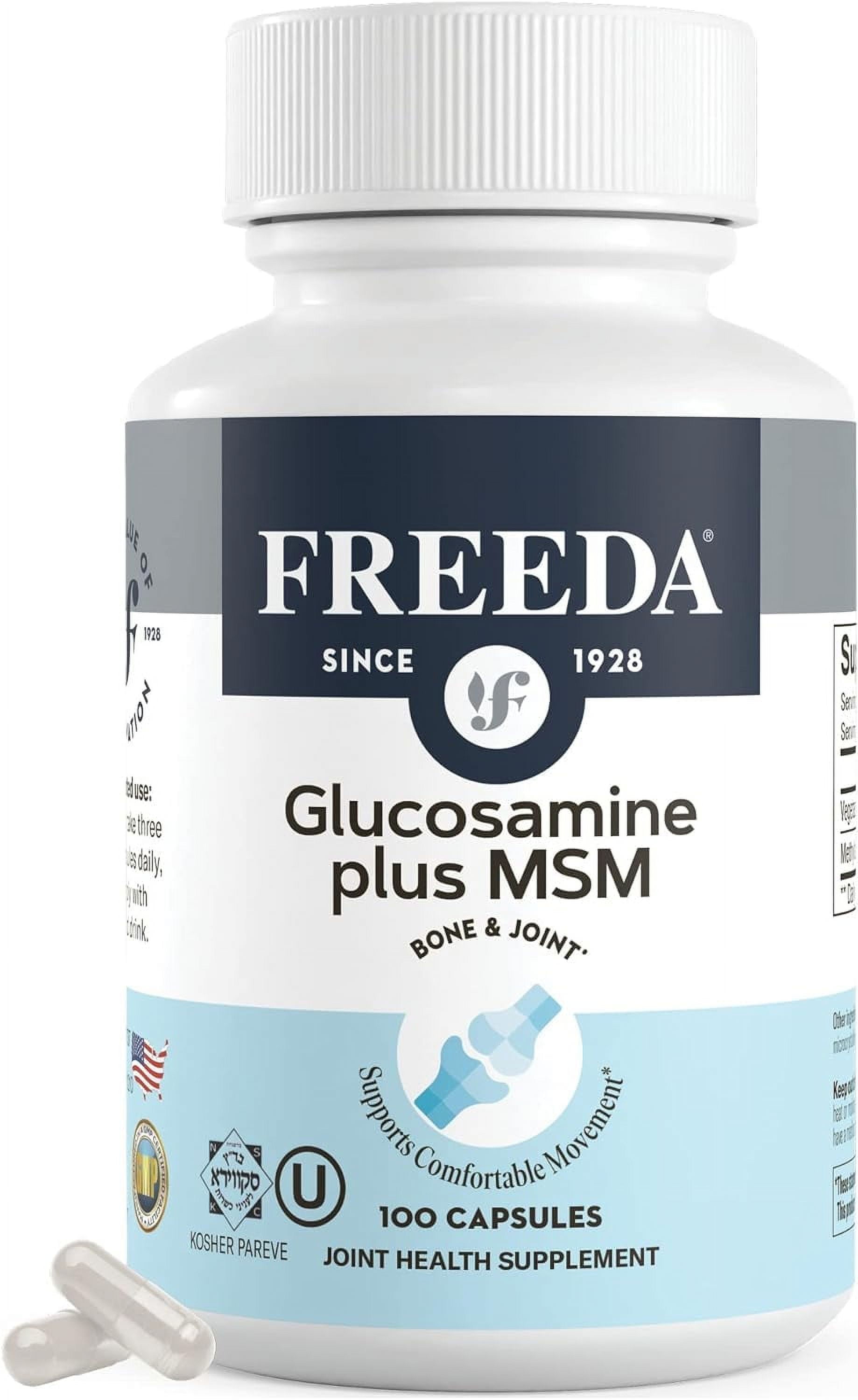 Freeda Glucosamine with MSM | Joint Mobility & Flexibility Support | Shellfish-Free, Vegan, Kosher, Gluten Free | 100 Capsules