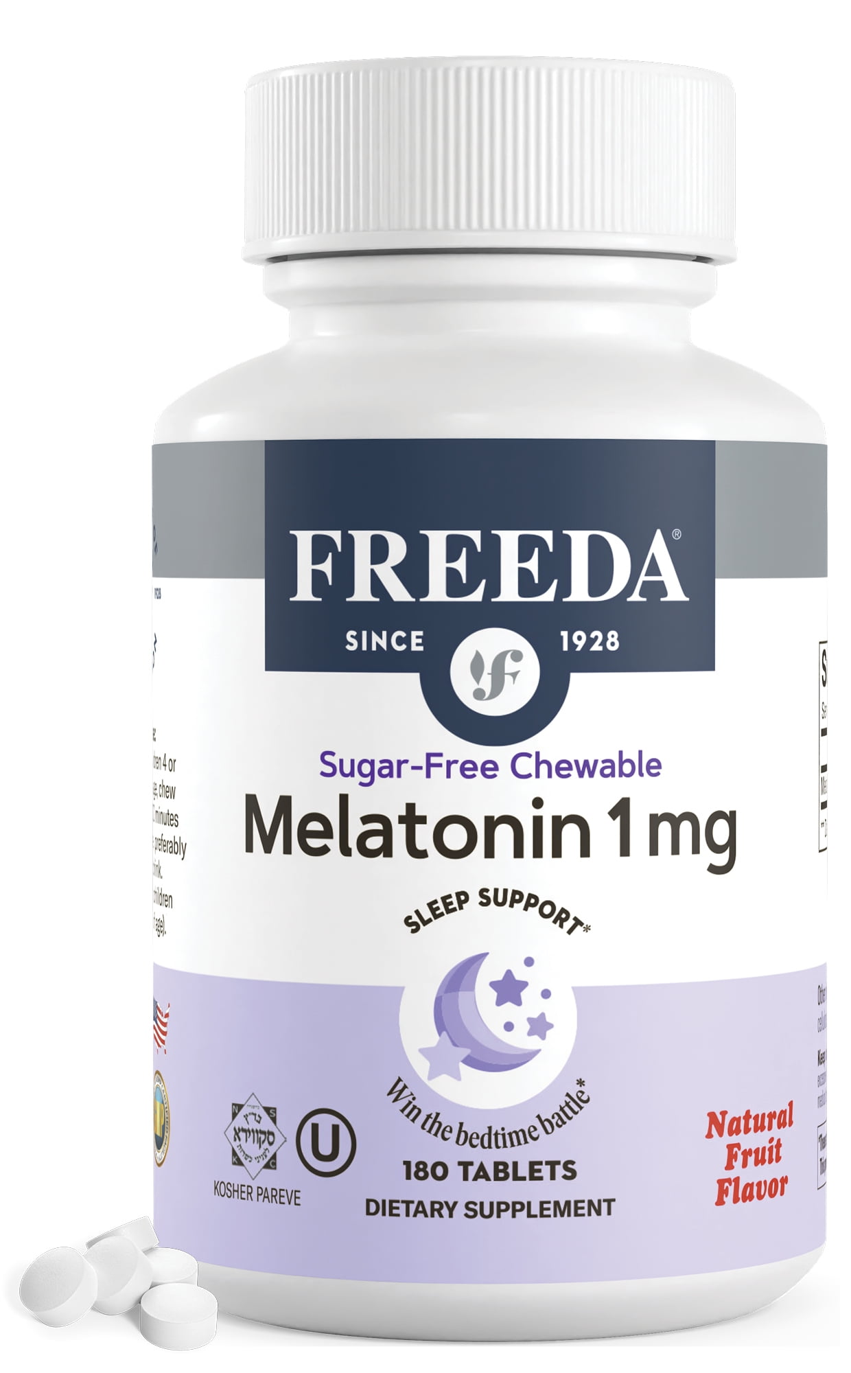 Freeda Melatonin 1 mg Sugar-Free Chewable Tablets | Sleep Support for Adults & Kids Ages 3+ | Vegan, Kosher, Gluten Free | 180 Count