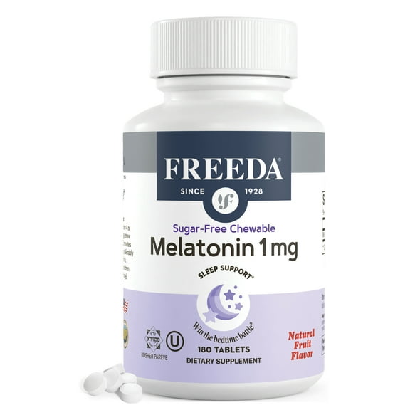 Freeda Melatonin 1 mg Sugar-Free Chewable Tablets | Sleep Support for Adults & Kids Ages 3  | Vegan, Kosher, Gluten Free | 180 Count
