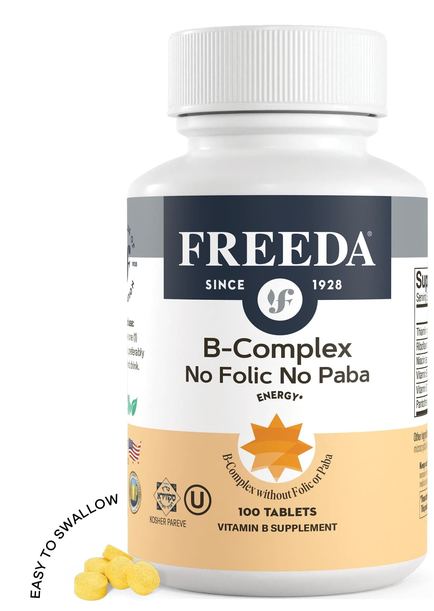 Freeda Vitamin B Complex Supplements No Folic Acid Vegan Gluten Free B Complex Vitamins for Adults, 100 Tablets