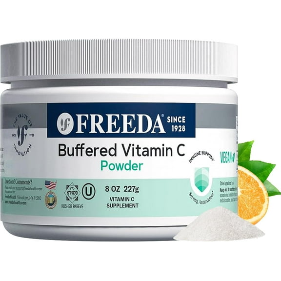 Freeda Buffered Vitamin C Powder| Non-Acidic Calcium Ascorbate | Immune and Antioxidant Support | Kosher, Vegan, Gluten Free | 8 oz