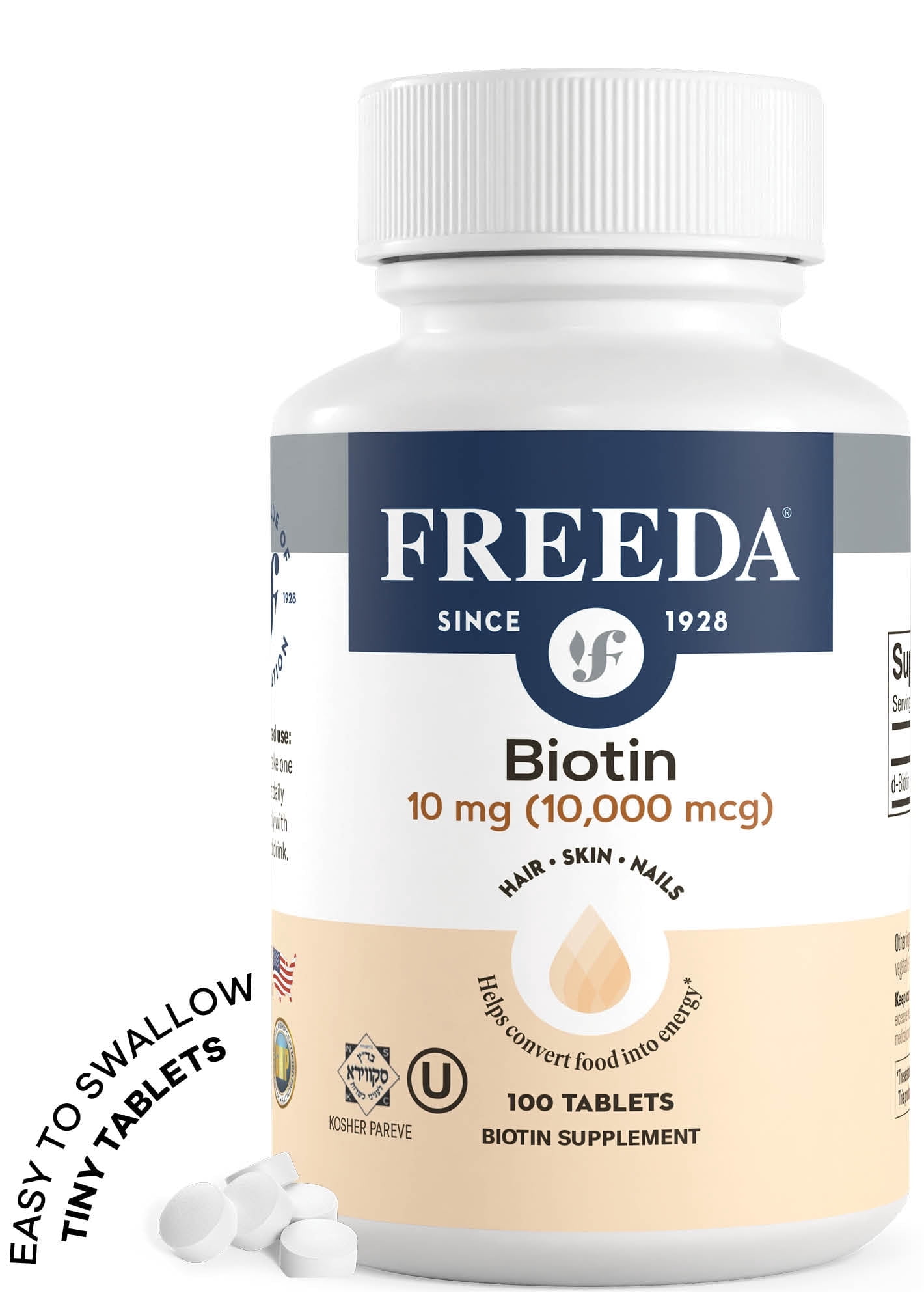 Freeda Biotin 10,000 mcg (10 mg) | Maximum Strength | Hair, Skin & Nails Support | Tiny Tablets | Vegan, Gluten Free | 100 Tablets