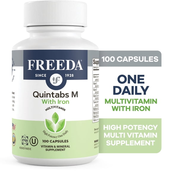 Freeda Quintabs-M with Iron – One Daily Multivitamin for Women & Men – High Potency – Kosher – 100 Ct