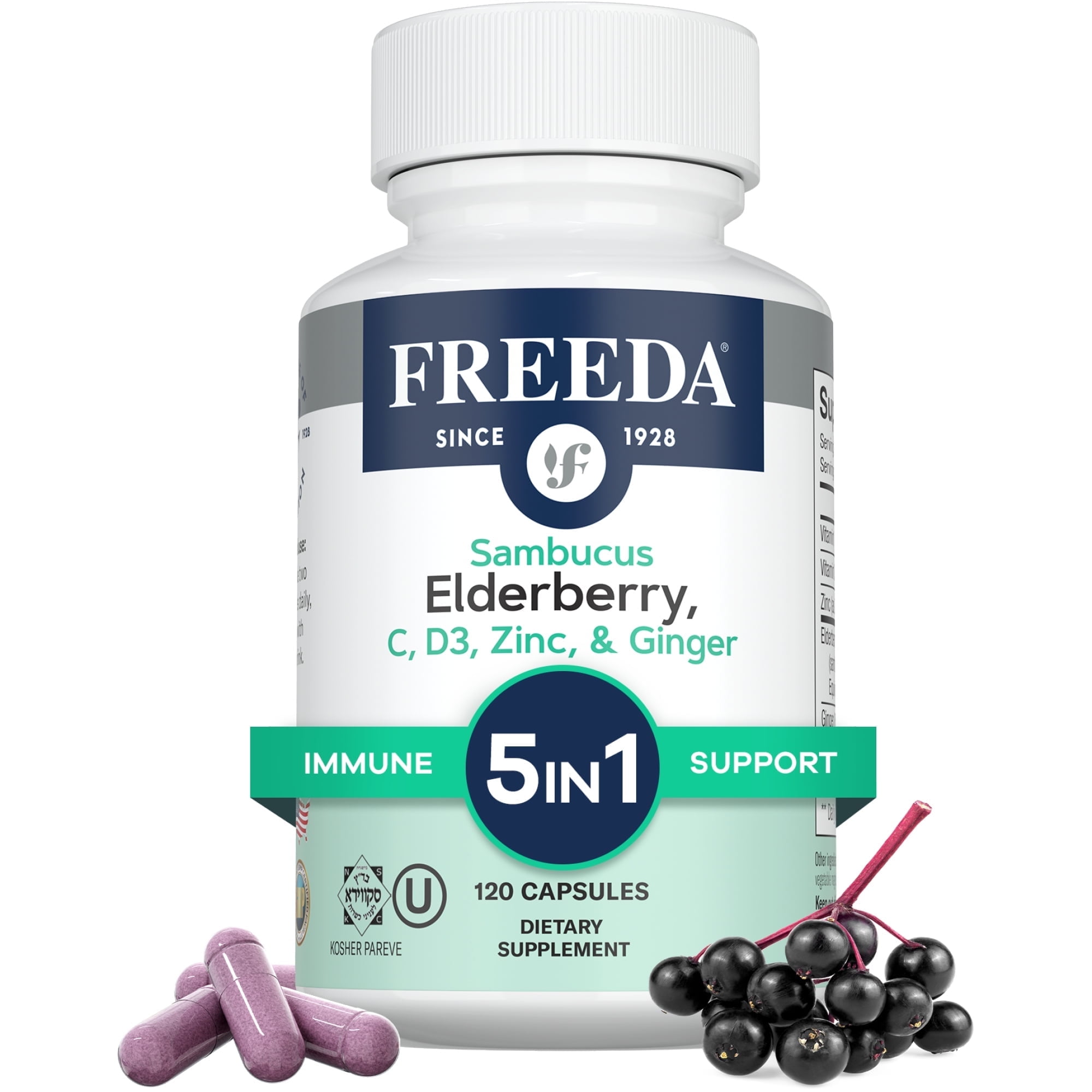 Freeda Sambucus Elderberry with Vitamin C, Zinc, D3 & Ginger - 5-in-1 Antioxidant Immune Support - Gluten-Free Elderberry Capsules for Adults, Made in USA (120 Ct)
