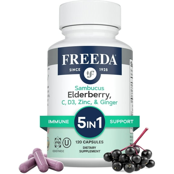 Freeda Sambucus Elderberry with Vitamin C, Zinc, D3 & Ginger - 5-in-1 Antioxidant Immune Support - Gluten-Free Elderberry Capsules for Adults, Made in USA (120 Ct)