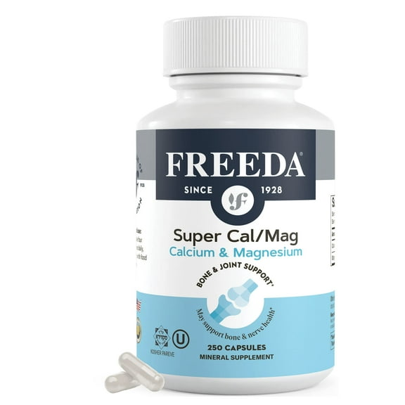 Freeda Super Cal/Mag Calcium Magnesium Supplement | Bone, Joint, and Nerve Support | Kosher, Vegan, Gluten Free | 250 Capsules
