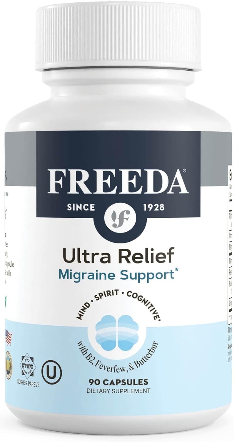Freeda Ultra Relief Migraine Support Supplement | Vitamin B2, B6, Magnesium, Feverfew, PA-Free Butterbur, and Ginger | Kosher, Vegan, Gluten Free | 90 Capsules