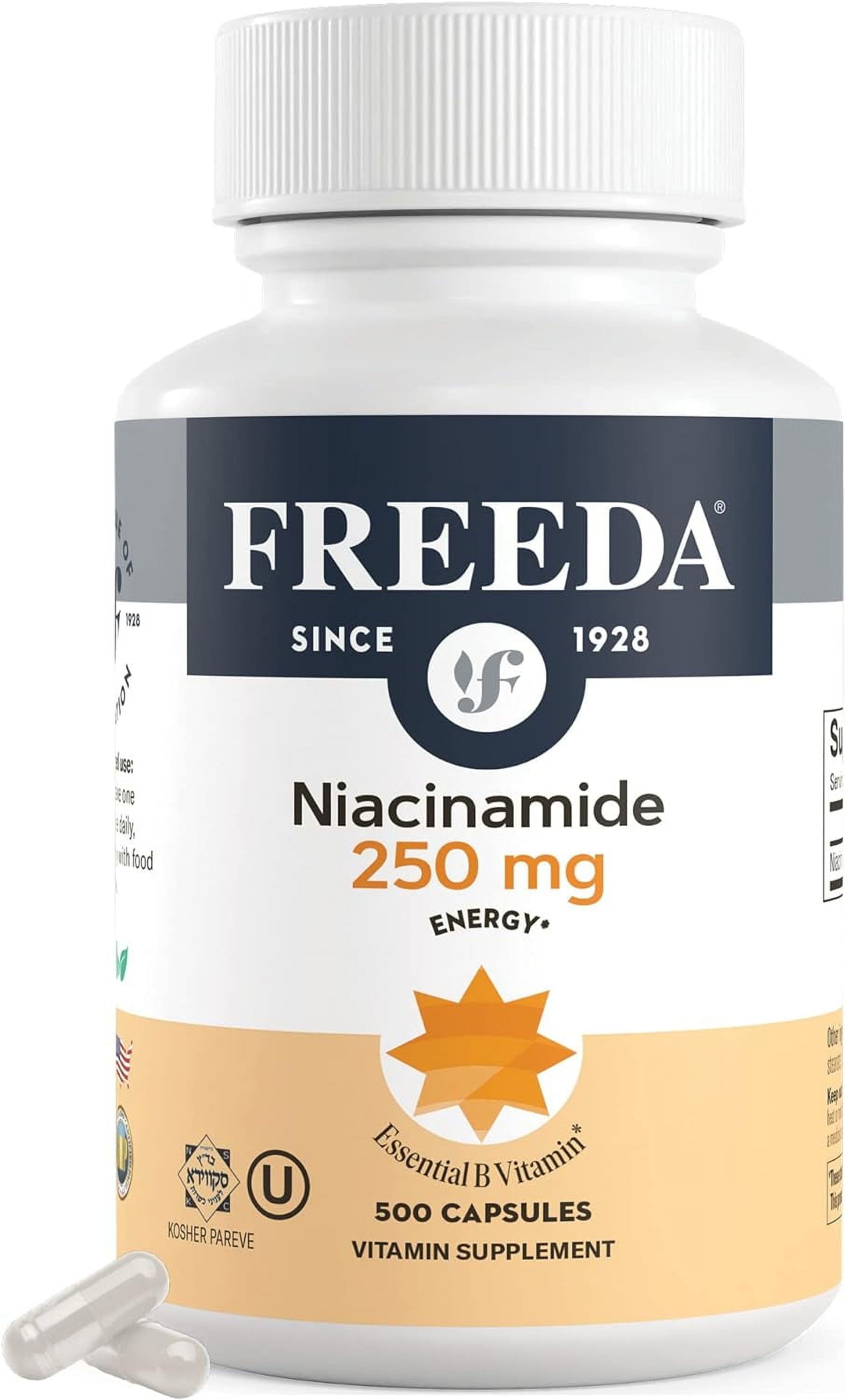 Freeda Niacinamide 250 mg – No Flush Vitamin B3 Supplement | Nicotinamide for Energy & Cell Support | Vegan, Gluten Free | 500 Capsules