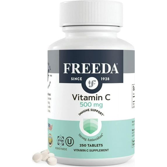Freeda Vitamin C 500 mg Supplement | Immune, Antioxidant & Skin Support | Vegan, Kosher, Gluten Free | 250 Tablets