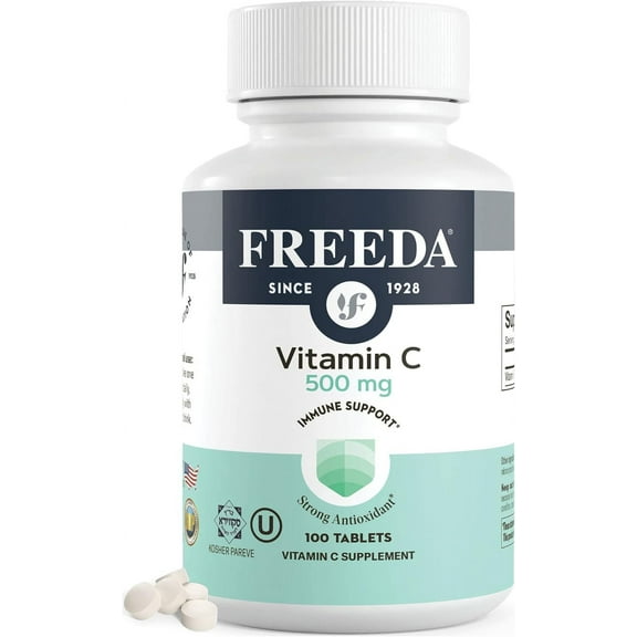 Freeda Vitamin C 500 mg Supplement | Immune, Antioxidant & Skin Support | Vegan, Kosher, Gluten Free | 100 Tablets