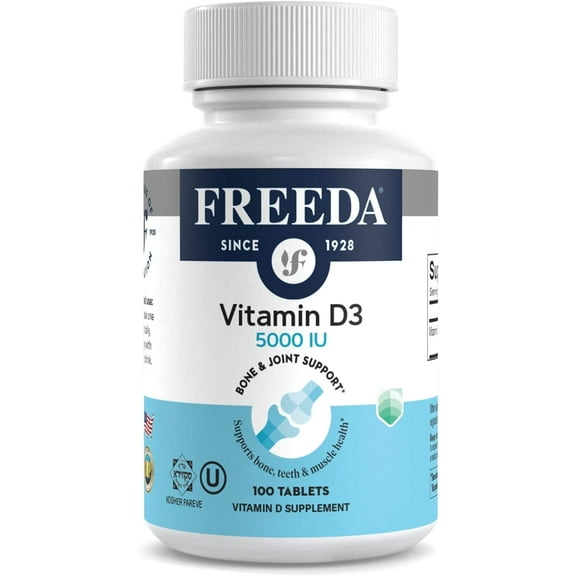Freeda Vitamin D3-5000 IU Pure High Potency Vit D Supplement Tablets for Bone and Joint Health, 100 Count