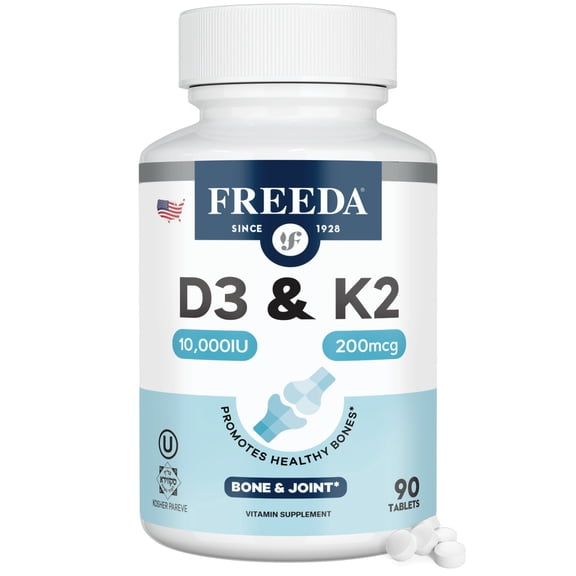 Freeda Vitamin D3 + K2, 10,000 IU & 200 mcg  High-Potency Tiny Tablets  Bone & Immune Support  90 Ct