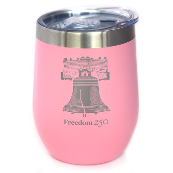 Freedom 250 Liberty Bell - Wine Tumbler Cup with Sliding Lid - Official Merch for 250th Anniversary of the USA - Stainless Steel Insulated Mug, 12 oz - Pink